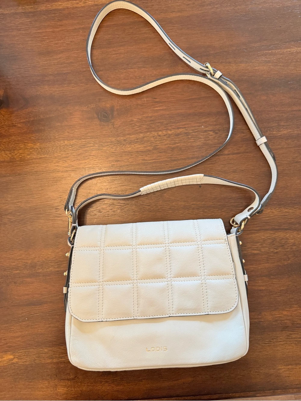 Lodis Kinsey Cream White Quilted Flap Crossbody Bag with Gold Hardware